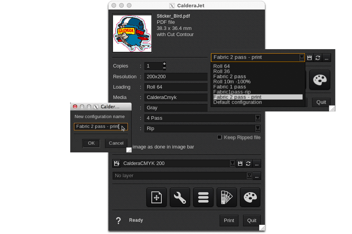 CalderaRIP interface to create print configurations